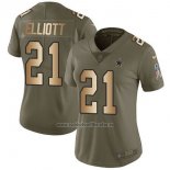 Camiseta NFL Limited Mujer Dallas Cowboys 21 Ezekiel Elliott Verde Oro Stitched 2017 Salute To Service