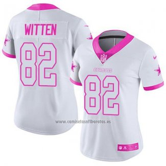 Camiseta NFL Limited Mujer Dallas Cowboys 82 Jason Witten Blanco Rosa Stitched Rush Fashion