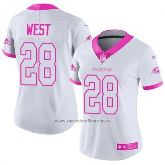 Camiseta NFL Limited Mujer Baltimore Ravens 28 Terrance West Blanco Rosa Stitched Rush Fashion