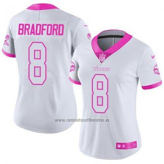 Camiseta NFL Limited Mujer Minnesota Vikings 8 Sam Bradford Blanco Rosa Stitched Rush Fashion