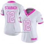 Camiseta NFL Limited Mujer Dallas Cowboys 12 Roger Staubach Blanco Rosa Stitched Rush Fashion