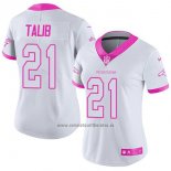 Camiseta NFL Limited Mujer Denver Broncos 21 Aqib Talib Blanco Rosa Stitched Rush Fashion