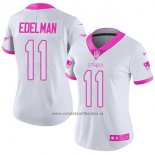 Camiseta NFL Limited Mujer New England Patriots 11 Julian Edelman Blanco Rosa Stitched Rush Fashion