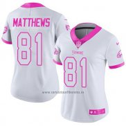 Camiseta NFL Limited Mujer Philadelphia Eagles 81 Jordan Matthews Blanco Rosa Stitched Rush Fashion