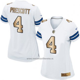 Camiseta NFL Limited Mujer Dallas Cowboys 4 Dak Prescott Elite Blanco Oro