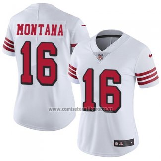 Camiseta NFL Limited Mujer San Francisco 49ers 16 Joe Montana Blanco Rush Stitched Vapor Untouchable