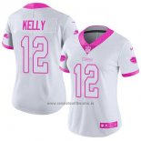 Camiseta NFL Limited Mujer Buffalo Bills 12 Jim Kelly Blanco Rosa Stitched Rush Fashion
