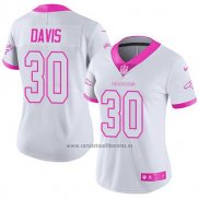 Camiseta NFL Limited Mujer Denver Broncos 30 Terrell Davis Blanco Rosa Stitched Rush Fashion